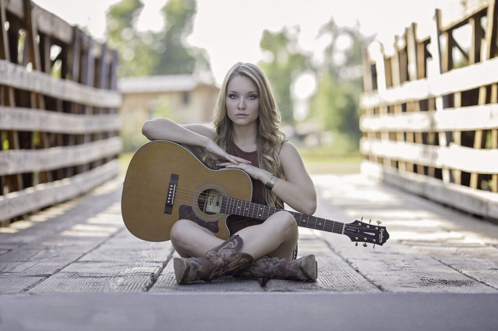 woman, guitar, bridge